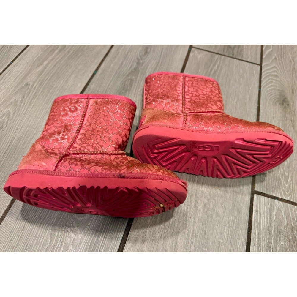 UGG Girls Pink Animal Print Glitter Mid-Calf Faux Fur Lined Boots US 12